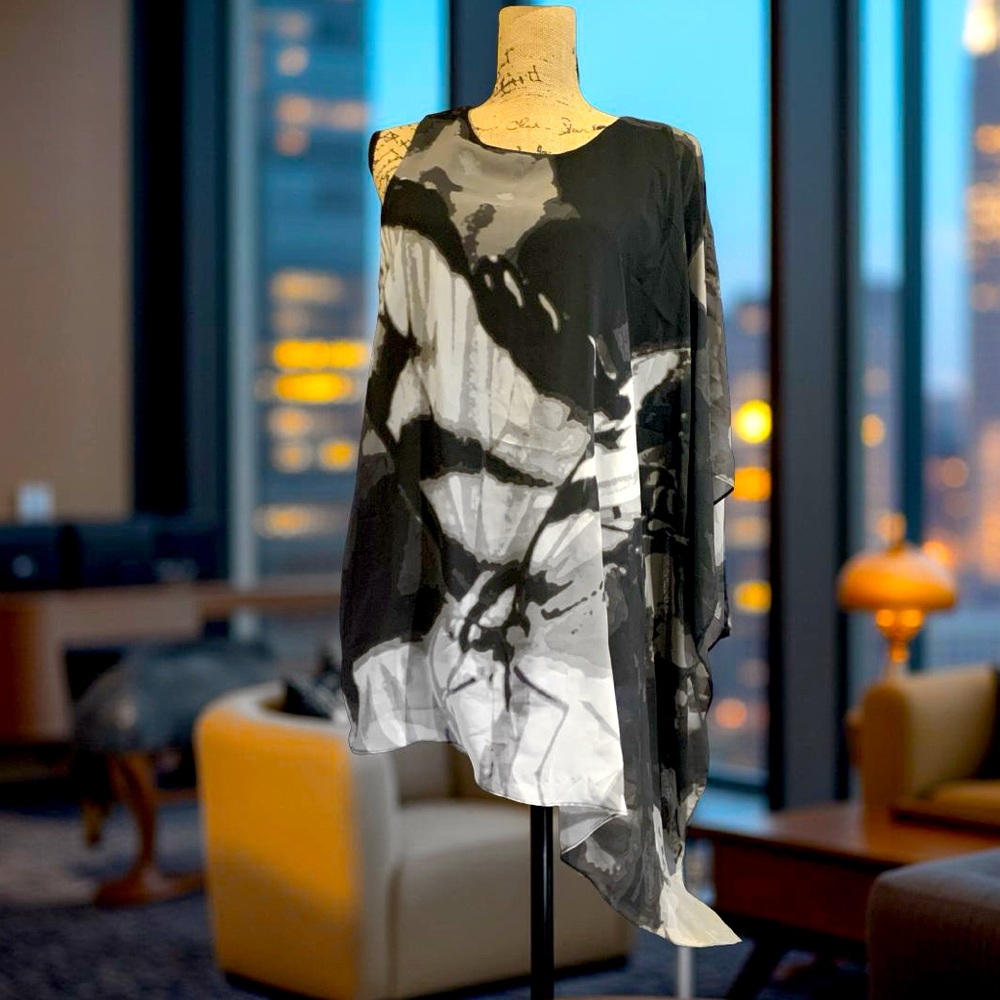 Alfani Abstract Black Grey White Drape Blouse Top XL